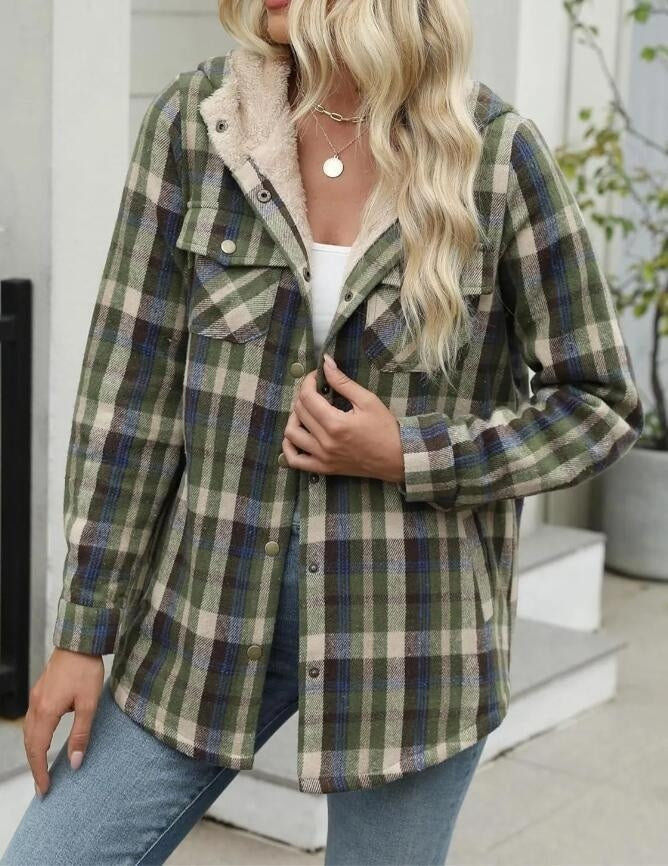 Casual Plaid Hooded Woolen Coat Thickened Fleece-lined Warm Jacket Limorista