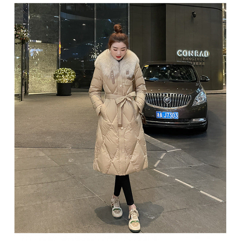White Duck Slim Fit Down Jacket Women Overknee Mid-length Big Fur Collar Coat Limorista