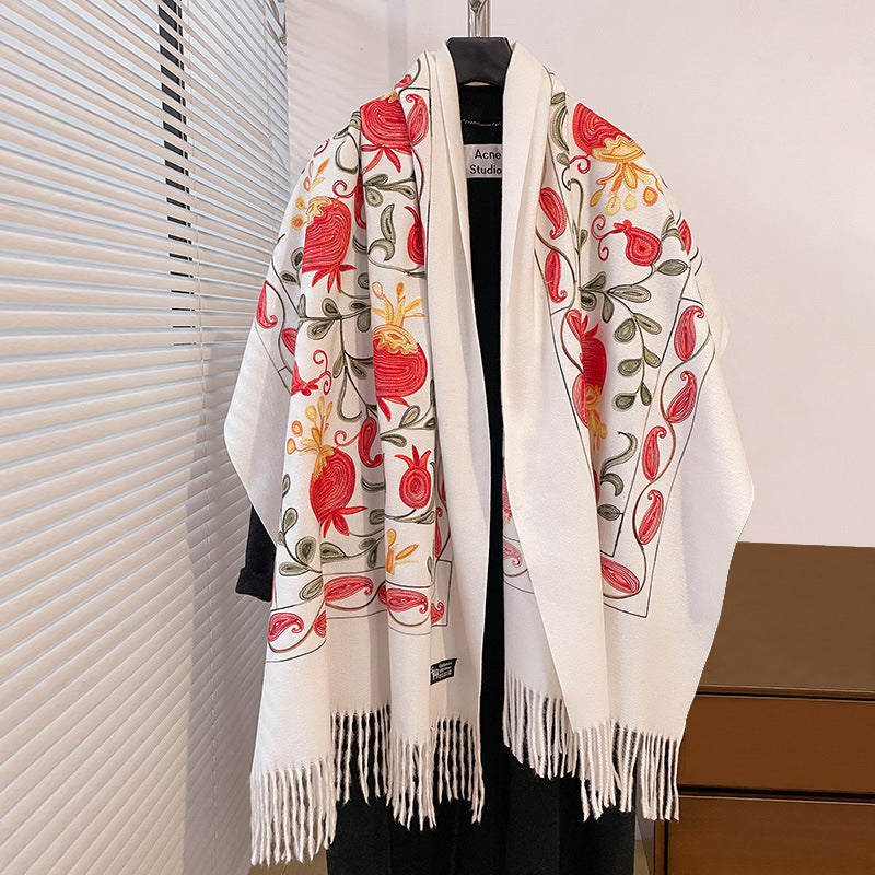 Contrast Color Pomegranate Leaf Embroidered Double-sided Shawl Limorista