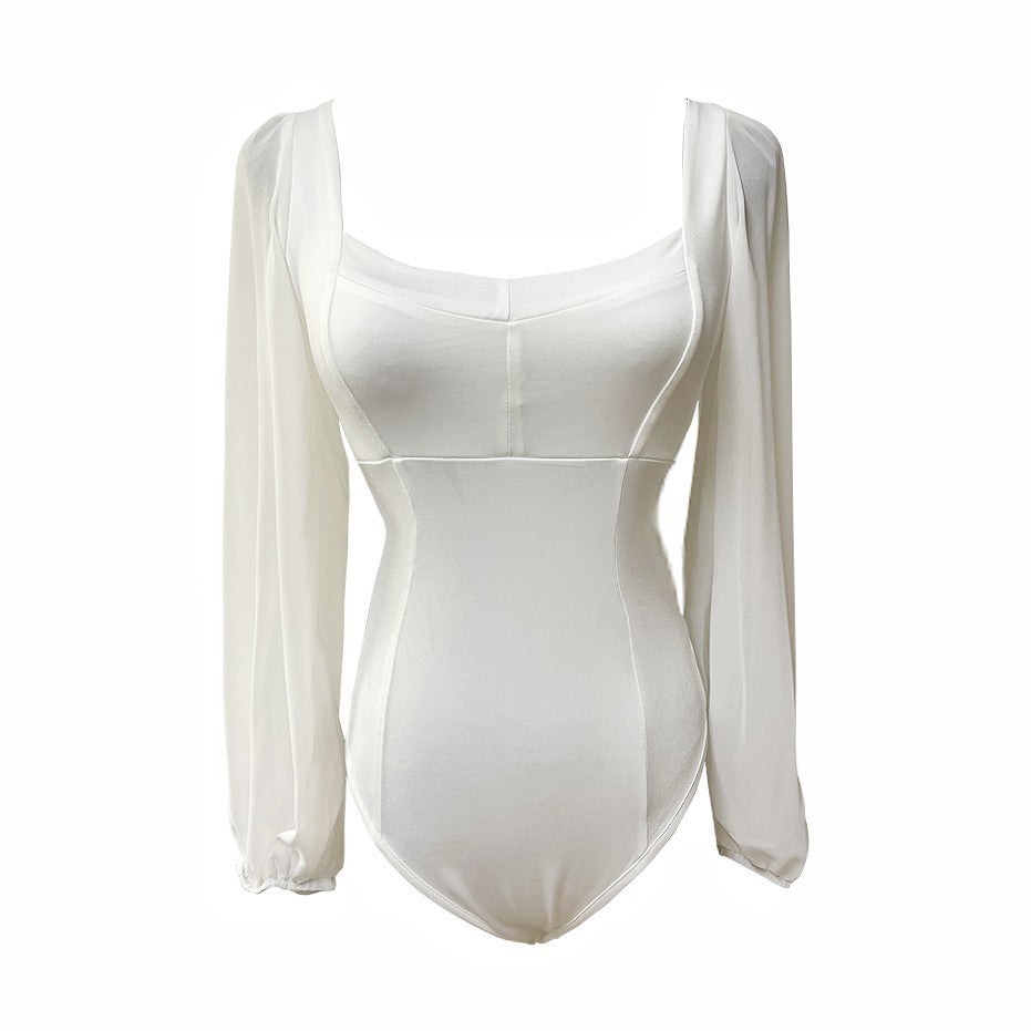 White Low-cut Lantern Sleeve Tight Long Sleeve Limorista