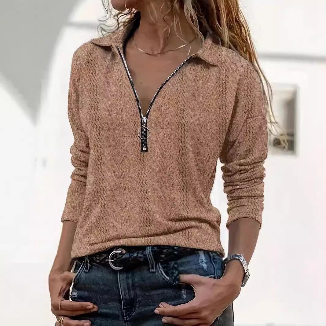 Lapel Solid Color Texture Series Zipper Women&