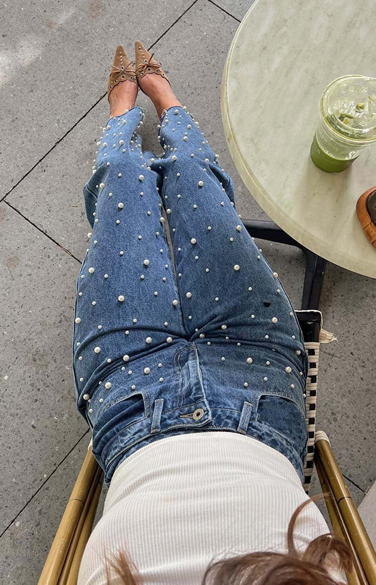 Oblique Waist Cross Beaded Straight-leg Frayed Hem Jeans Limorista