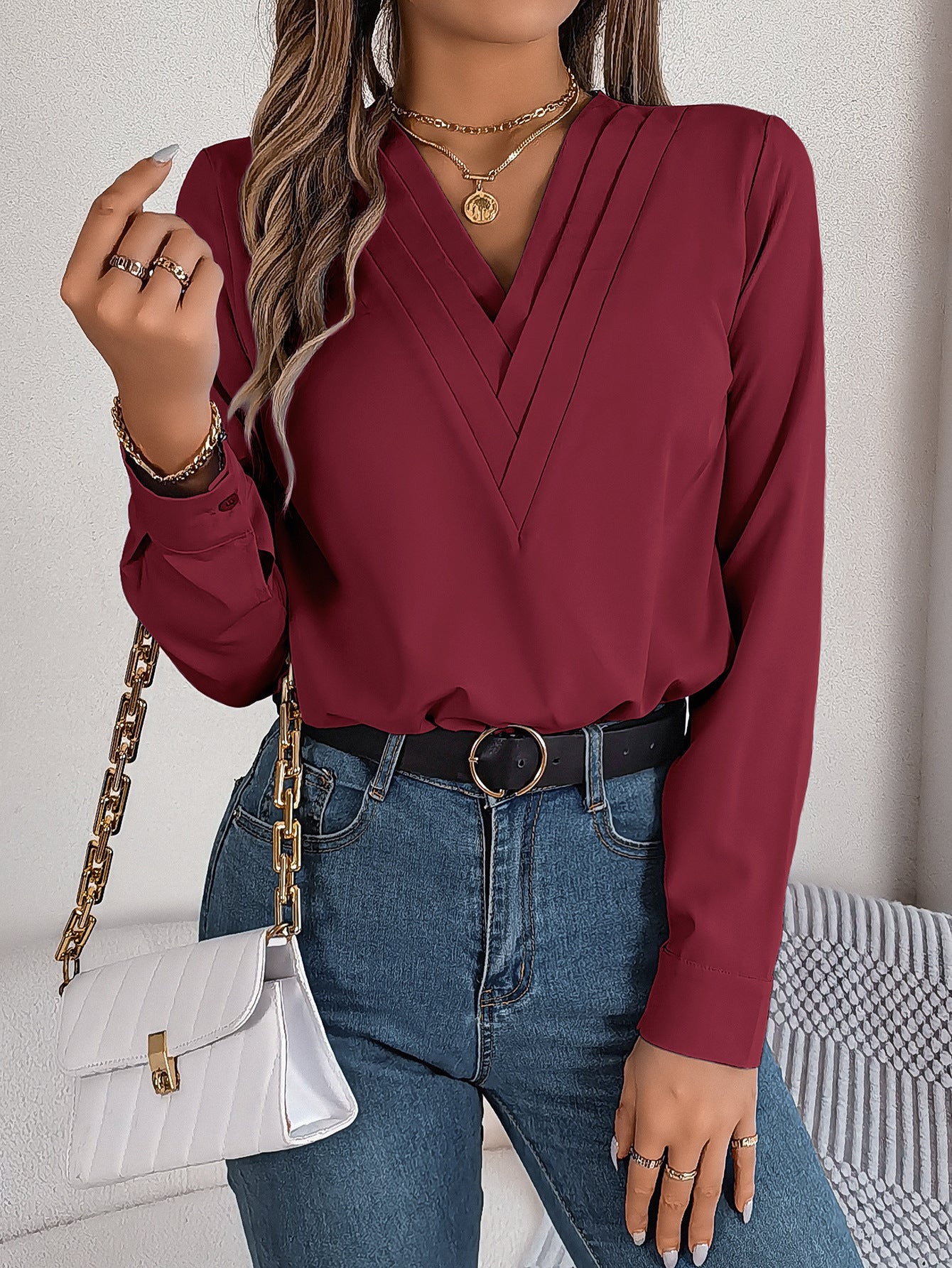 Fashion V-Neck Long Sleeve Shirt Elegant Commuter Solid Blouse Office Women&
