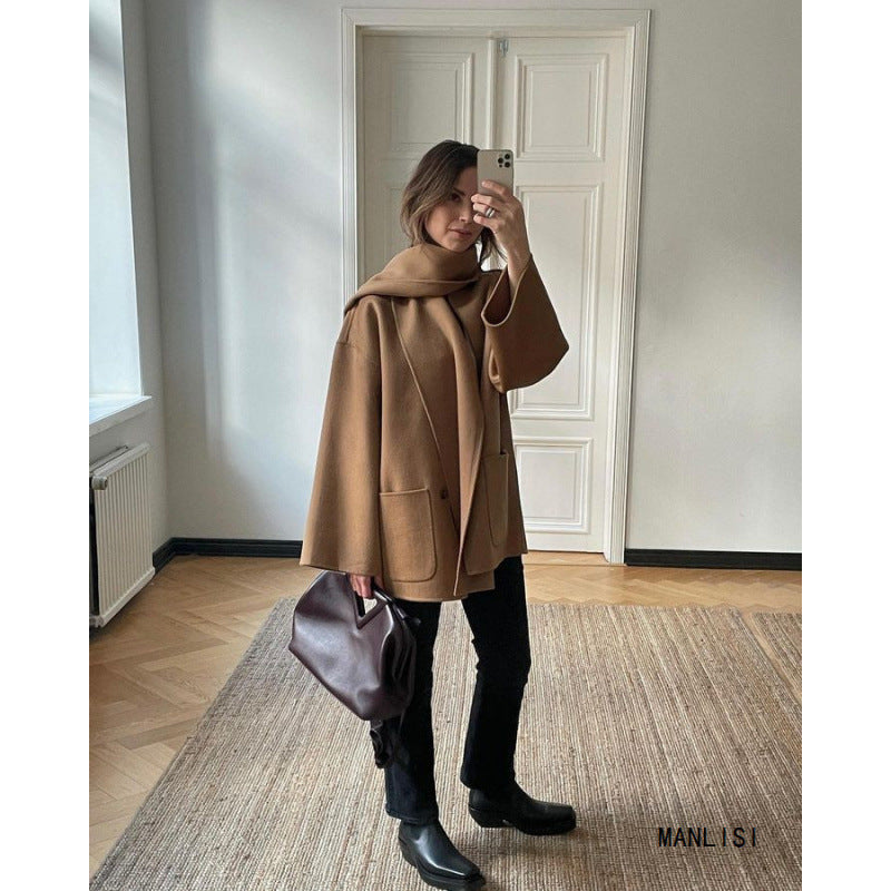 Scarf Collar Loose Jacket Short Woolen Coat Limorista
