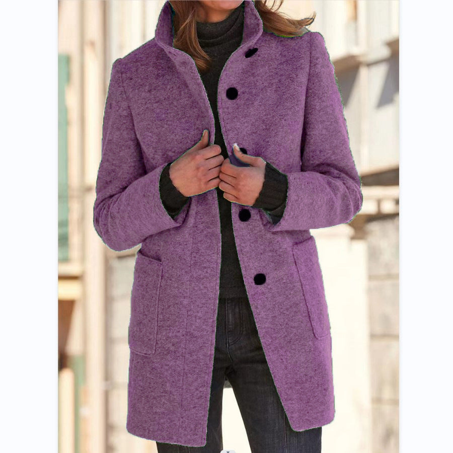Fashion Stand Collar Woolen Coat With Pockets Fall Winter Casual Button Outwear For Women Clothing Limorista