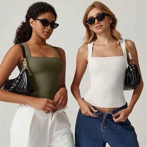 Limorista - Summer Square-neck Tank Vest Ins Fashion Slim Solid Sleeveless Tops For Women Clothing