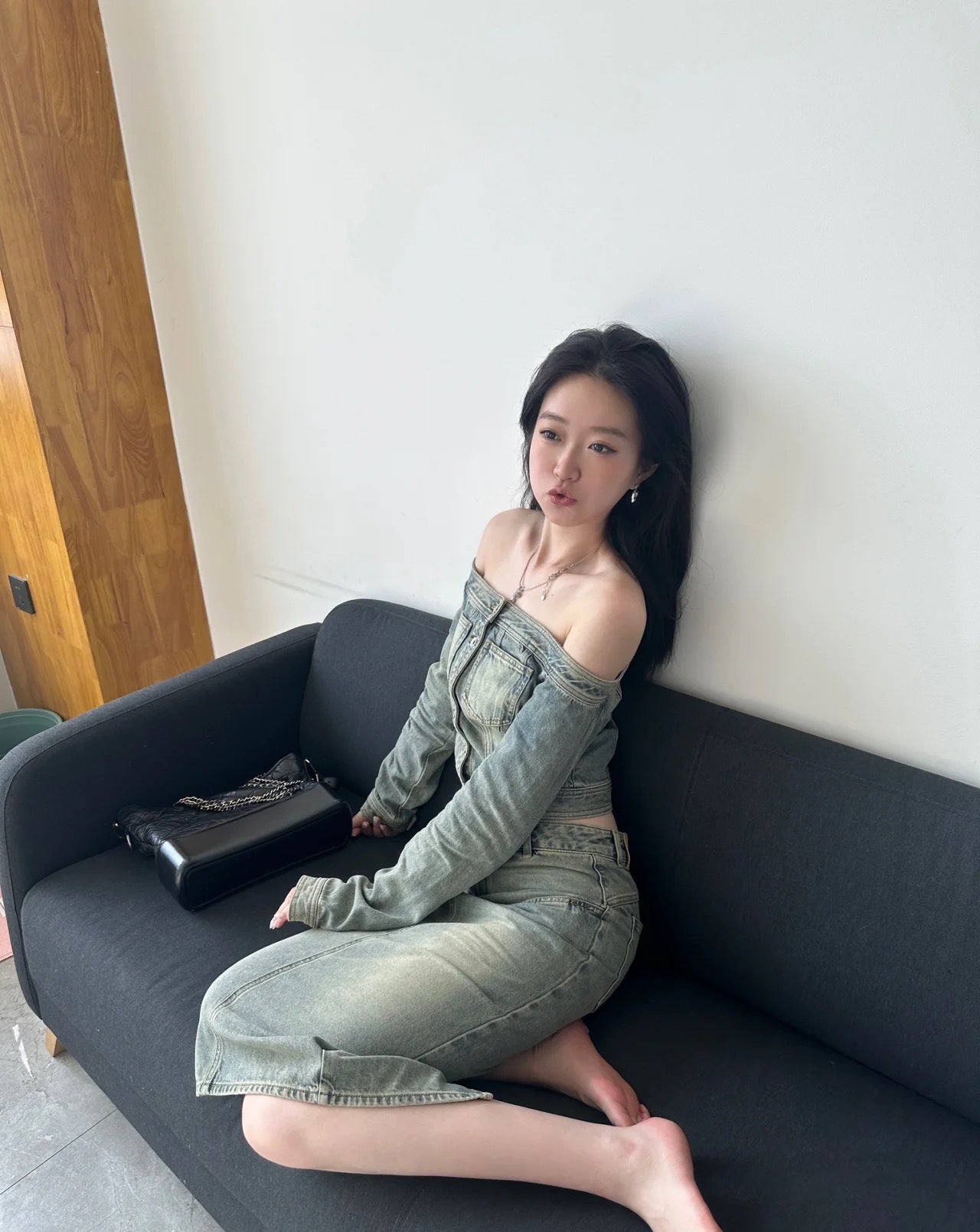 Off-shoulder Denim Long-sleeved Tops Slim-fit Short Version Limorista
