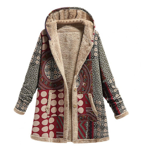 Cotton and linen printed hooded sweater warm plush jacket Limorista