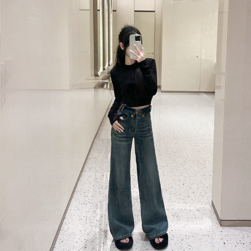 Retro Blue Flared Straight Jeans For Women Autumn And Winter Slimming Pear-shaped Body Pants Limorista
