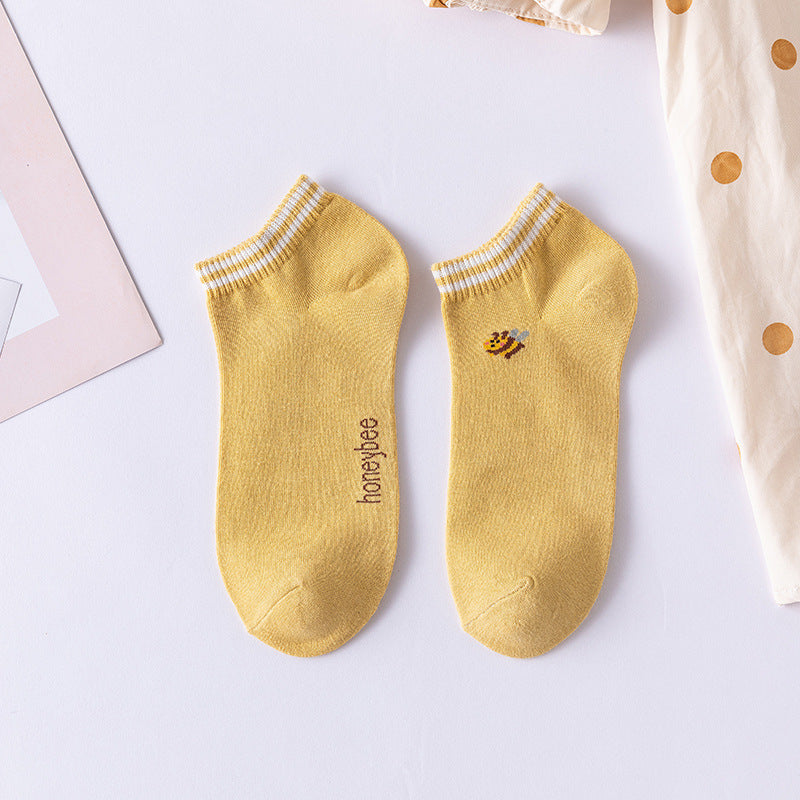 Cartoon Little Bee Boat Socks Pure Female Embroidery Combed Cotton Socks Limorista