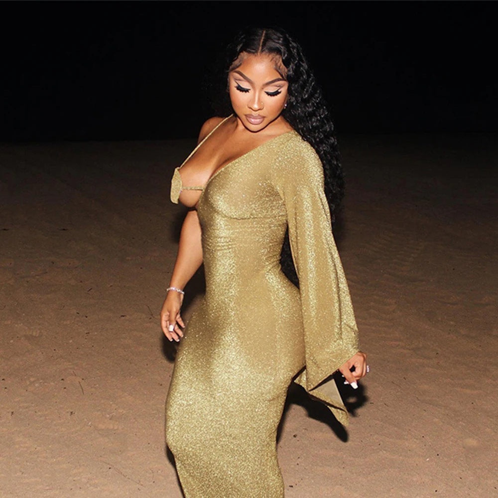 V-neck One-shoulder Flared Long Sleeve Bandage Dress Limorista