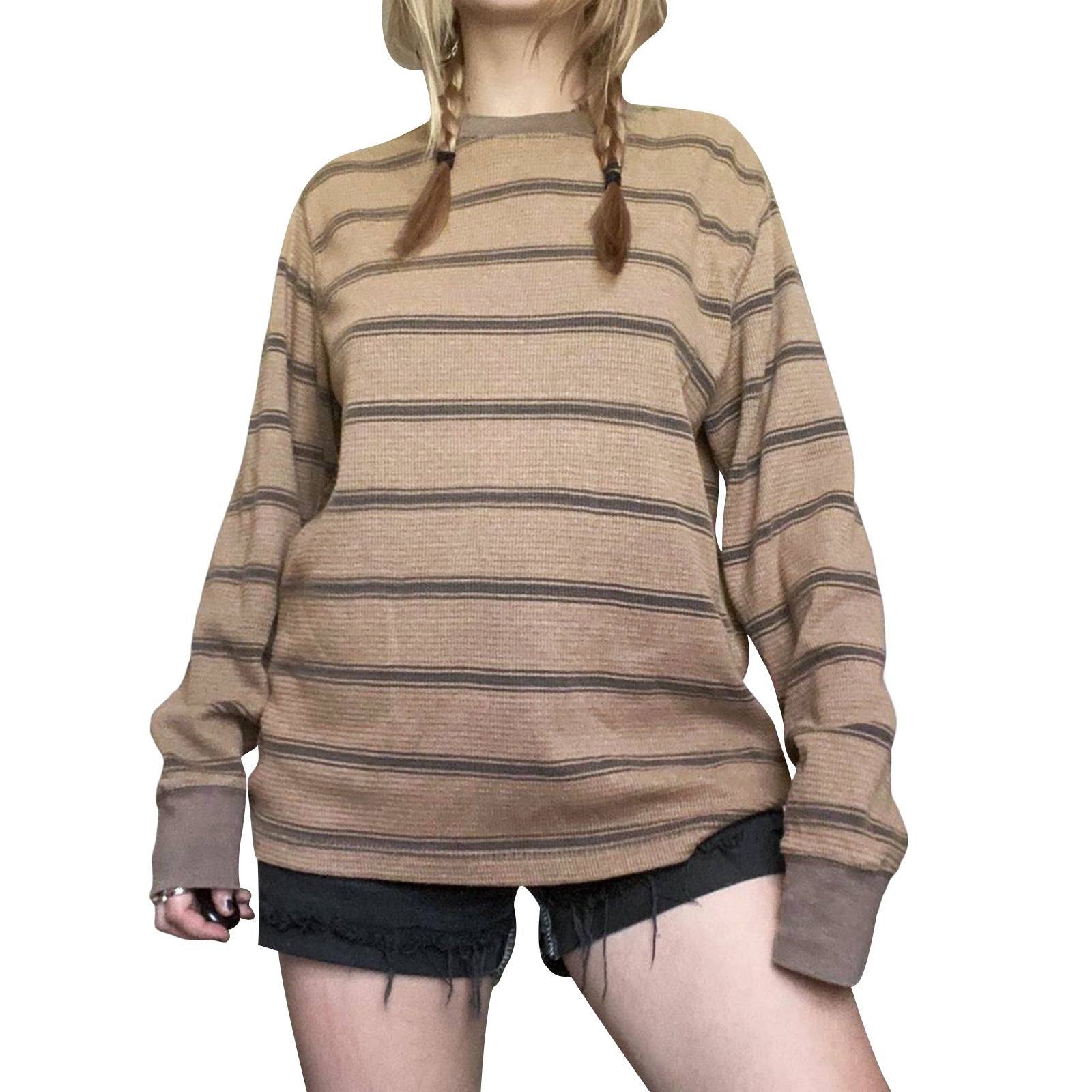 Striped Loose Slimming Long Sleeves T-shirt Preppy Style Women&