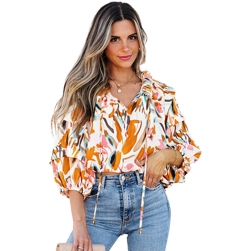 European And American Fashion Colorblock Printed V-neck Chiffon Shirt Women Limorista