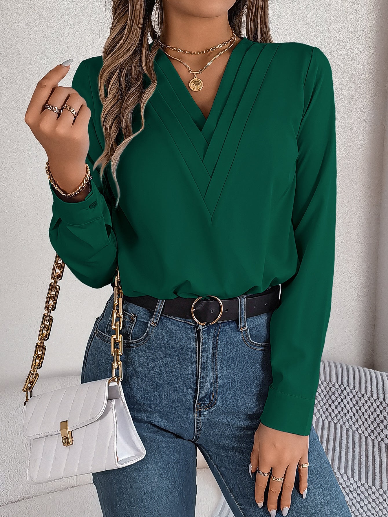 Fashion V-Neck Long Sleeve Shirt Elegant Commuter Solid Blouse Office Women&