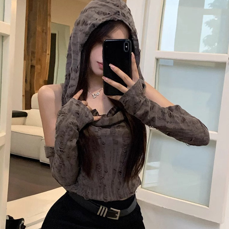 American Hot Girl Sleeveless Cold-shoulder Hooded Oversleeve T-shirt Limorista