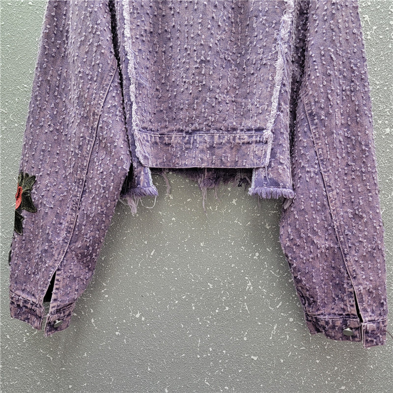 Design Sense Heavy Industry Three-dimensional Flower Short Frayed Hem Casual Denim Coat Limorista