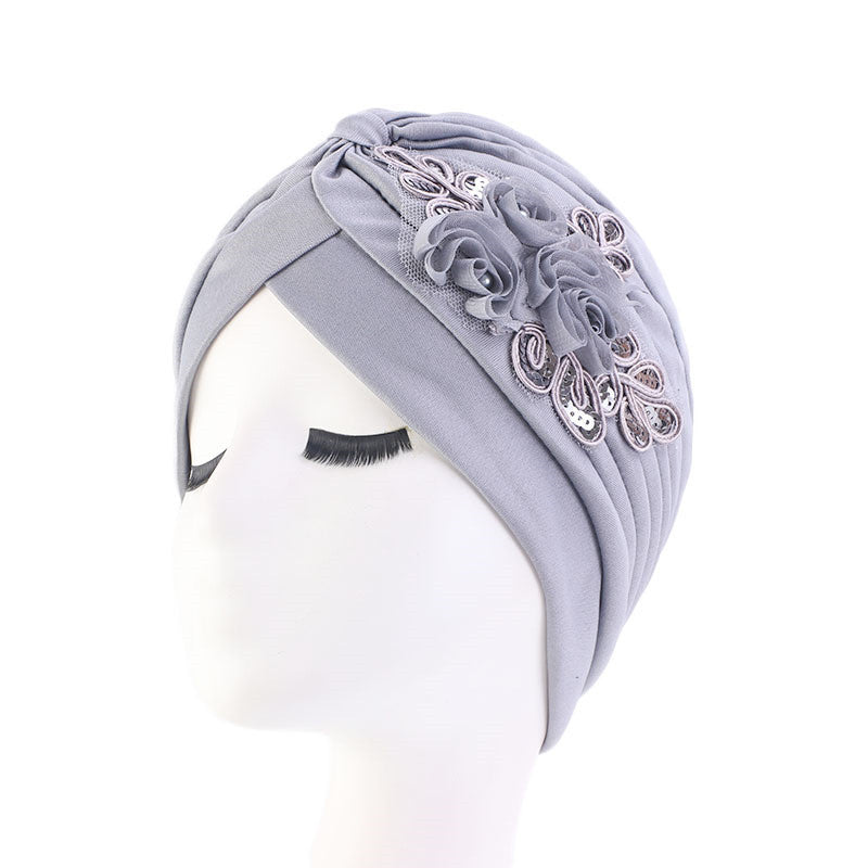 Ladies Sequin Flower Turban Toe Hat Fold Limorista