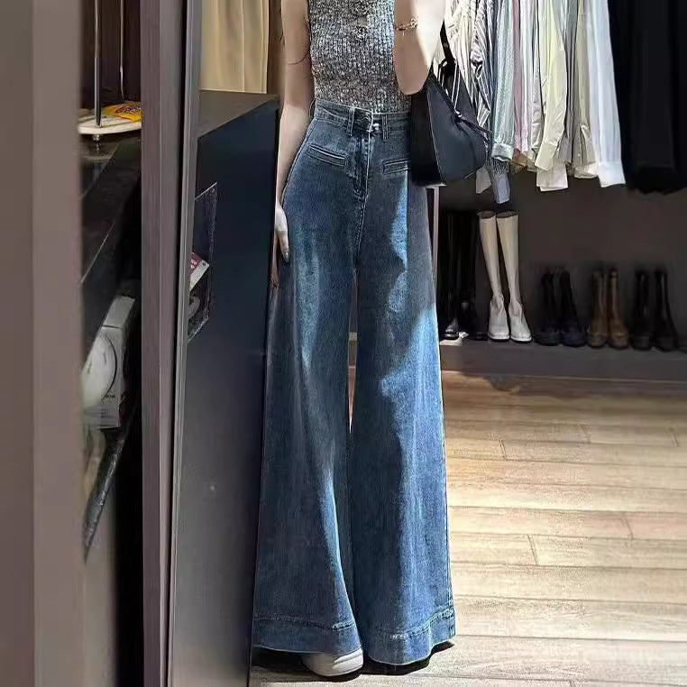 Retro Blue High Waist Loose Slim Floor-length Jeans For Women American High Street Drape Versatile Wide-leg Pants Limorista