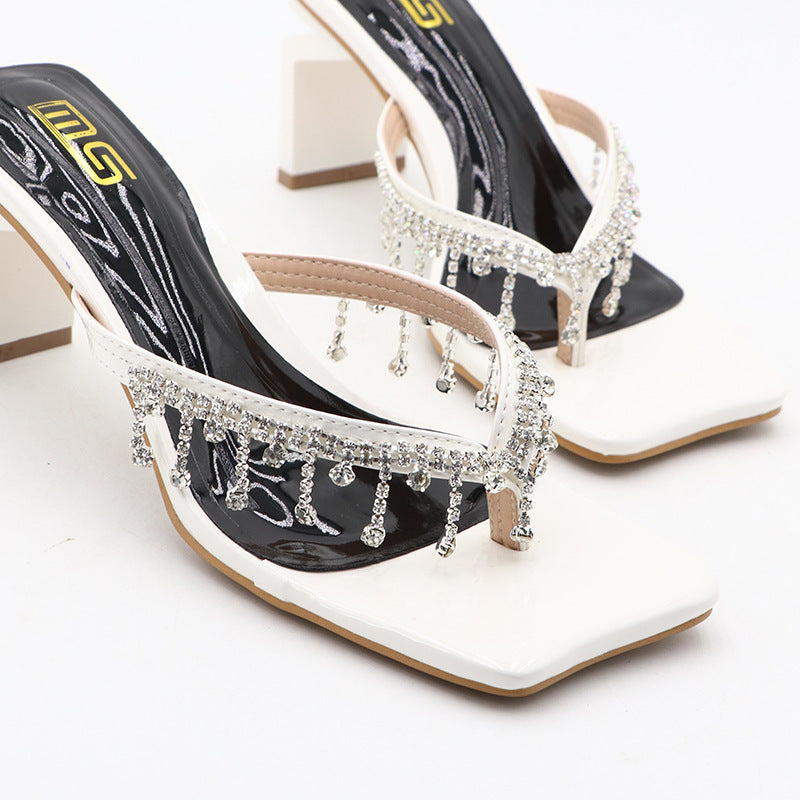 Square Toe Rhinestone High-heeled Outdoor Women&