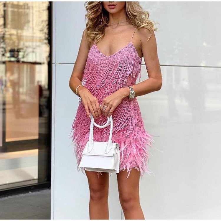 Sexy Tassel Sequins Feather Summer Mini Dress Women V Neck Spaghetti Strap Stitching Dresses Female Elegant Evening Party Club Dress - Limorista