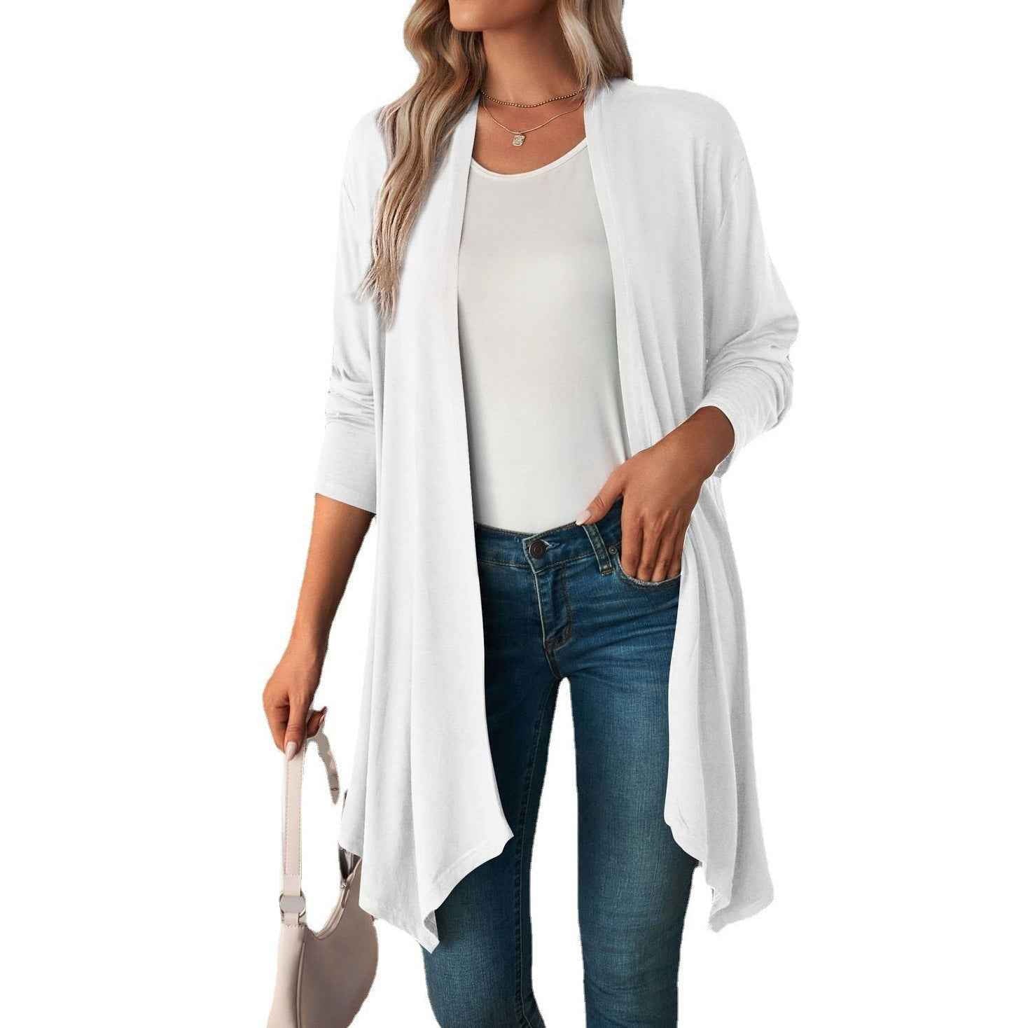 Limorista - Solid Color Long Sleeve Cardigan Jacket Long Shirt Women