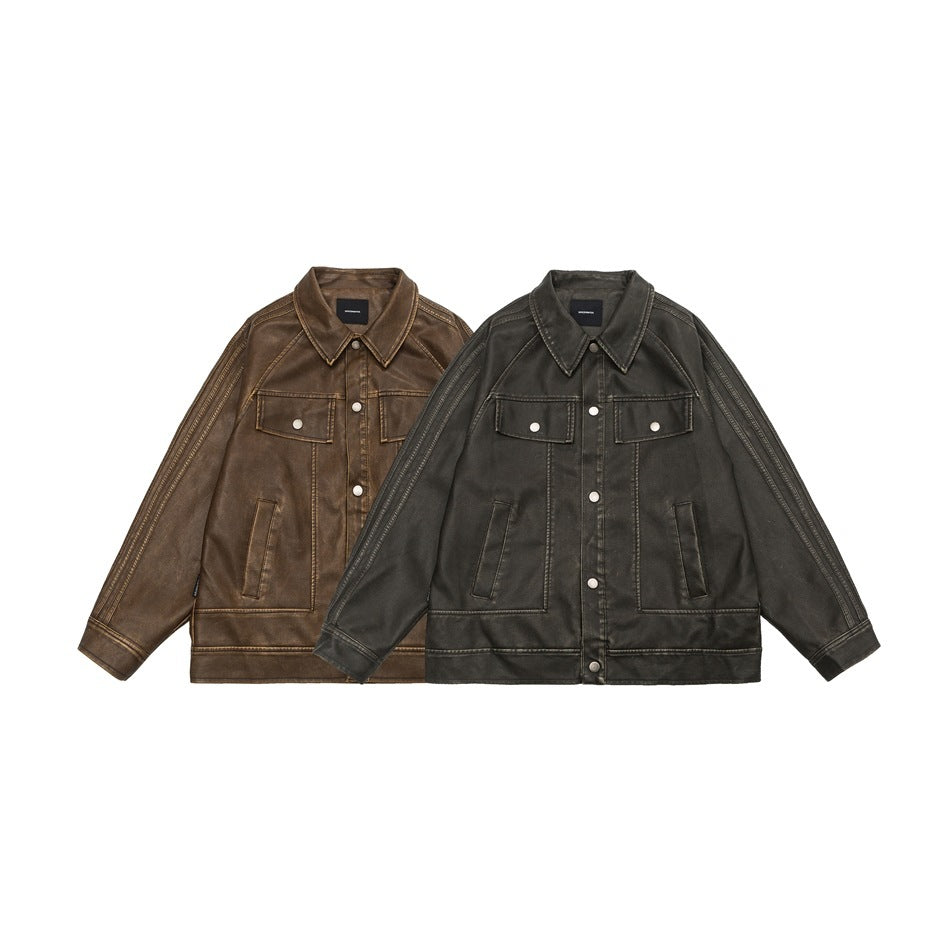 American Retro Distressed Lapel PU Leather For Men And Women Biker&