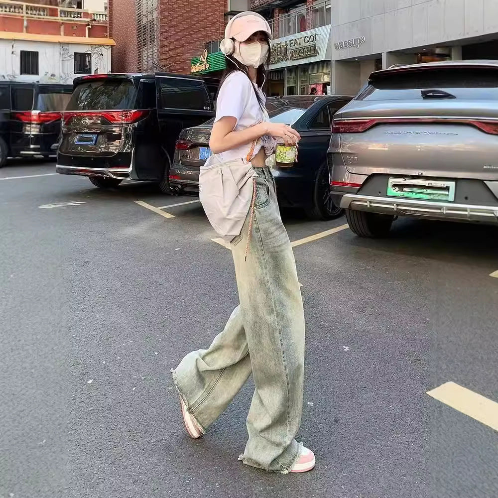 Retro Cement Yellow Straight Wide-leg Jeans For Women Spring And Summer New Loose Slim High Waist Drape Long Pants Limorista