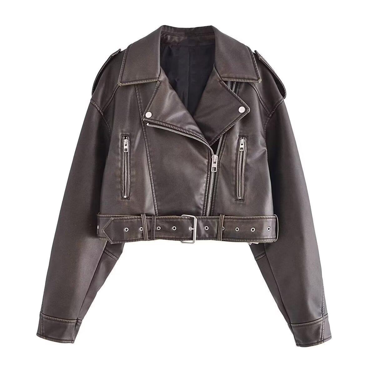 Washed Leather Motorcycle Jacket Women Limorista