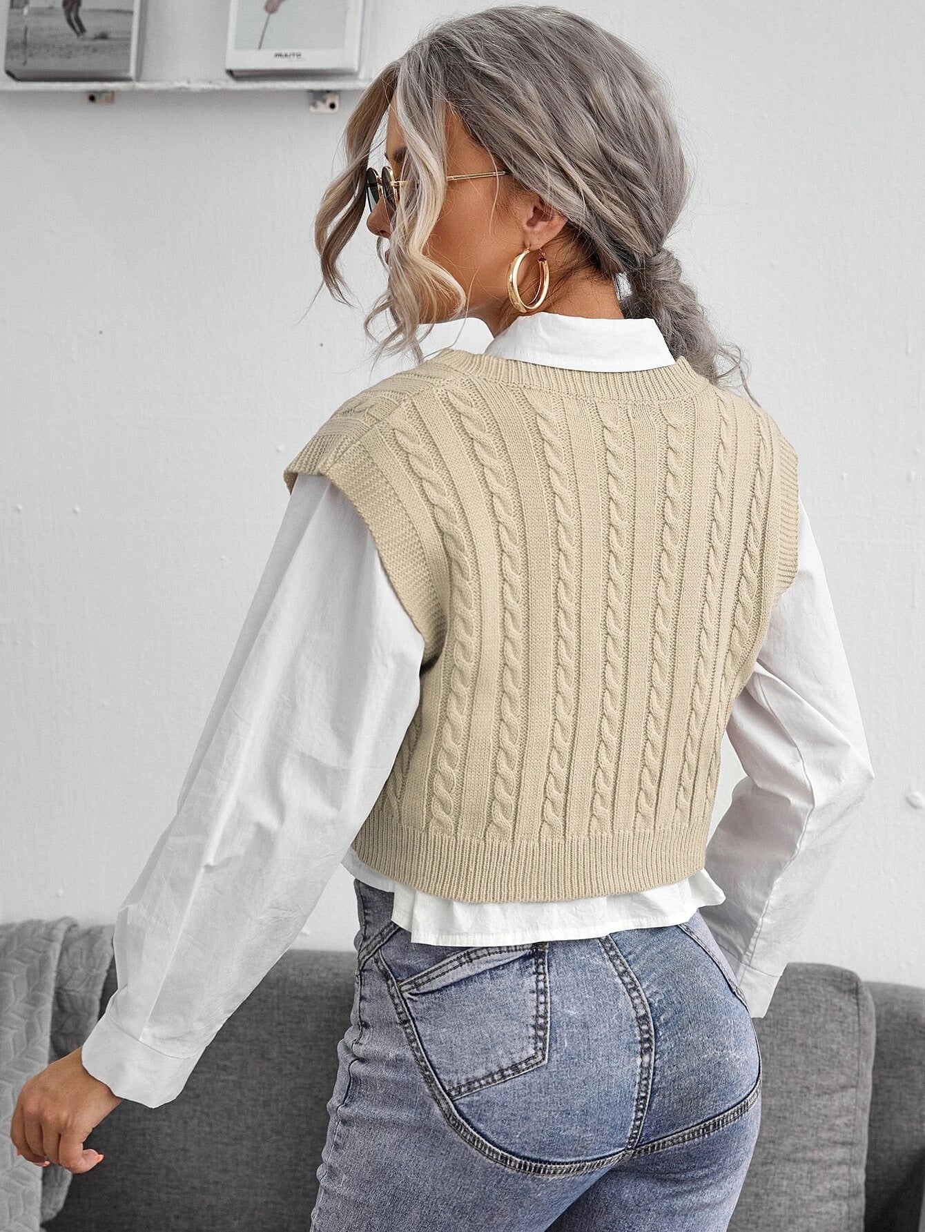 V-neck Knitted Vest Sweater Vest Sleeveless Waistcoat Women&