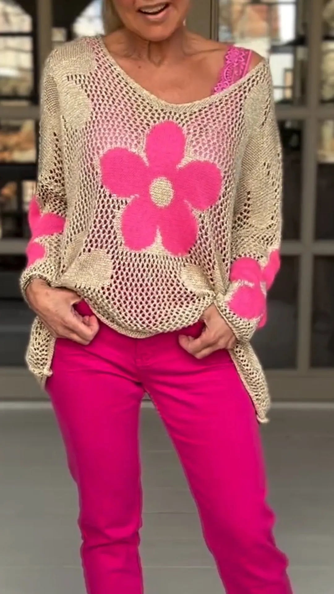 Floral Knitted Hollow Out V-neck Shirt Limorista