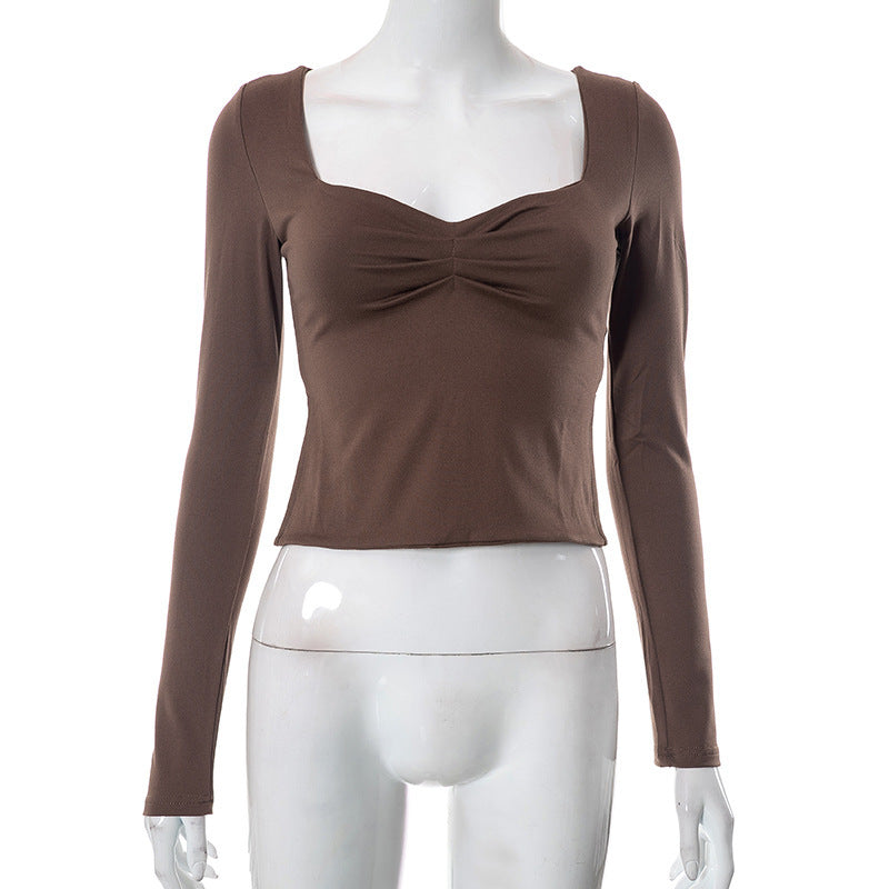 Autumn Ins New Solid Color Square Collar Long Sleeve Pleated Side Slit Top T-shirt For Women Limorista