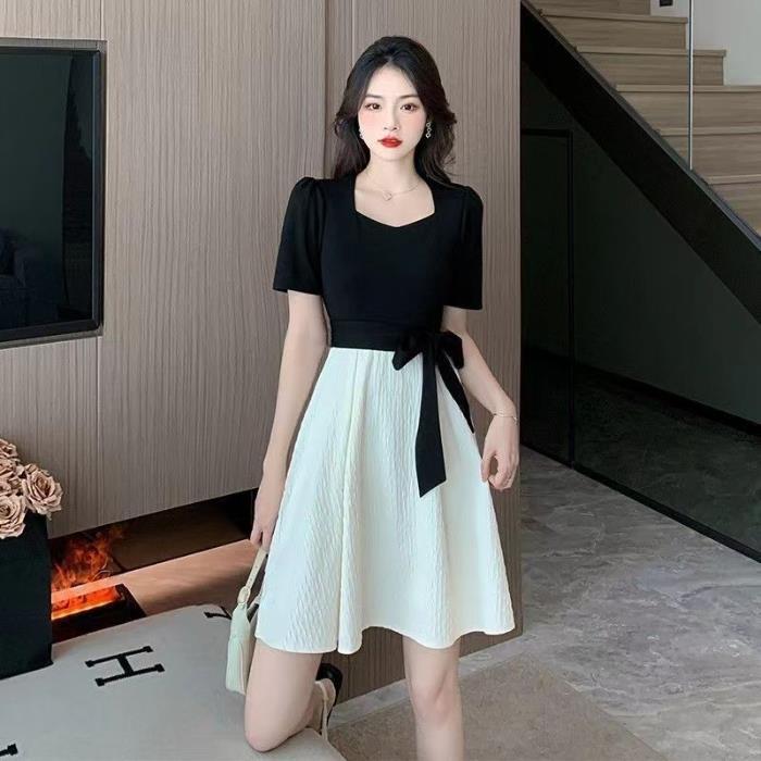 Square-neck Cinched Slimming Patchwork Niche Long Skirt Limorista