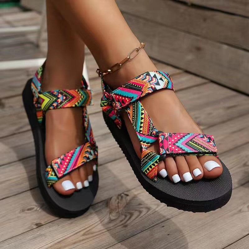 Printed Velcro-design Sandals Summer Ethnic Style Thick Flat Sandals Women&