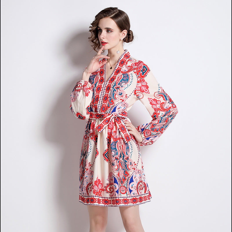 European And American Style Positioning Pattern V-neck Slimming Long Sleeves Dress Limorista