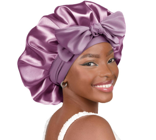 Double-layer Satin Ribbon Round Cap Bow Artificial Silk Beauty Hair Care Wide-brimmed Hat Limorista