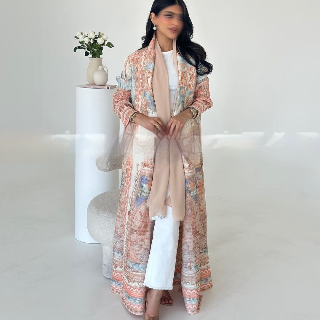 Pleated Trench Djellaba Hot-selling Printed Shawl Cardigan Ethnic Style Cloak Coat Limorista