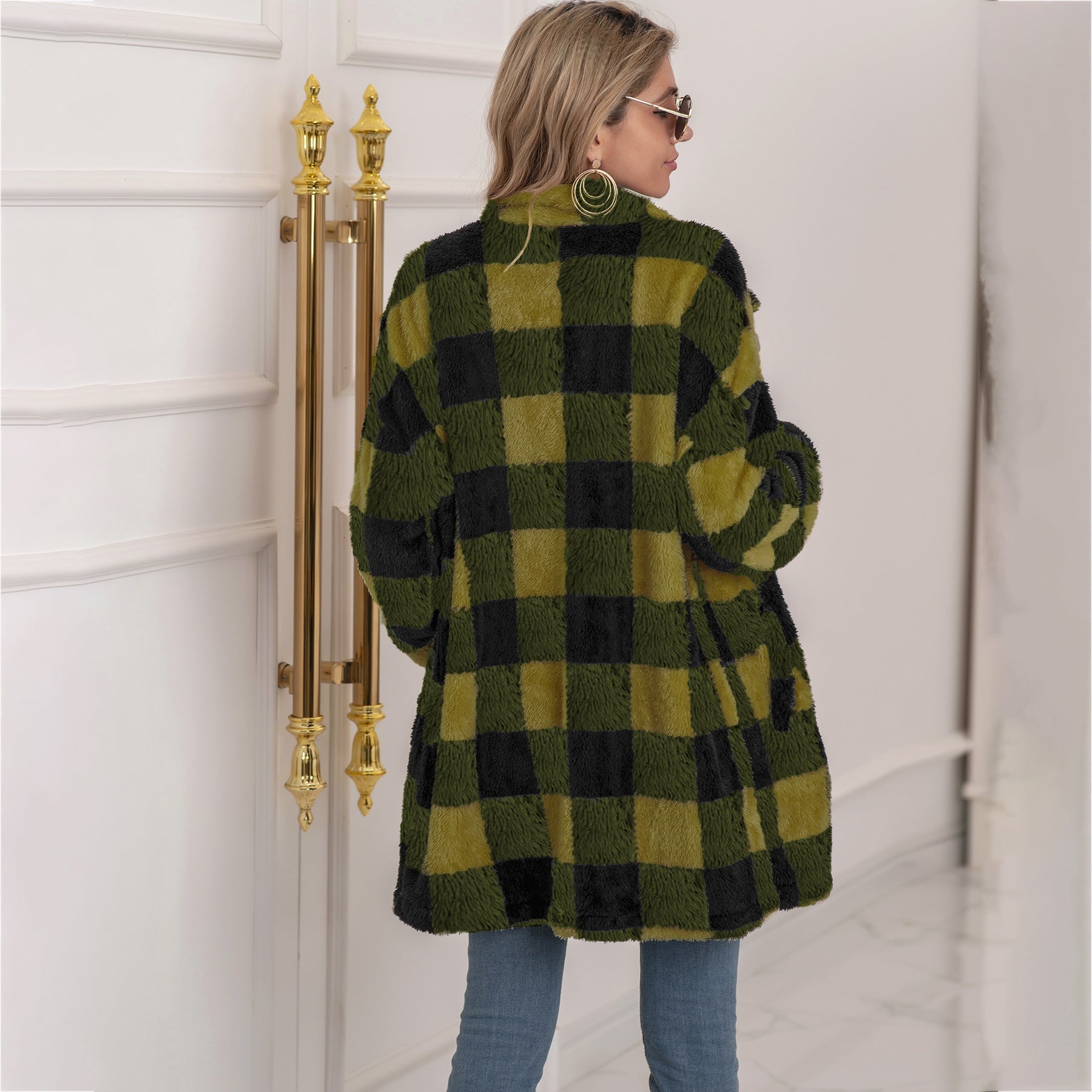 Colorblock Plaid Fleece Jacket Fashion Single Breasted Long Jacket Women&