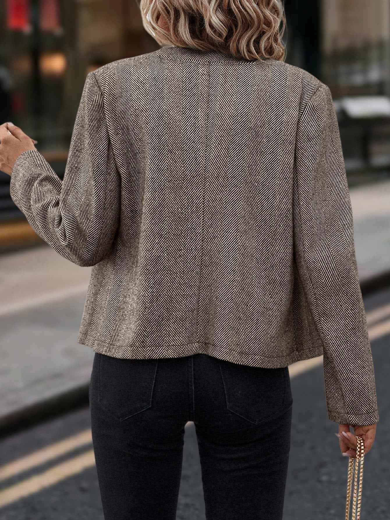 Limorista - Women Fashion Herringbone Coat, Double-Breasted Fitted Jacket with Round Neck and Long Sleeves for Spring and Autumn Commuting