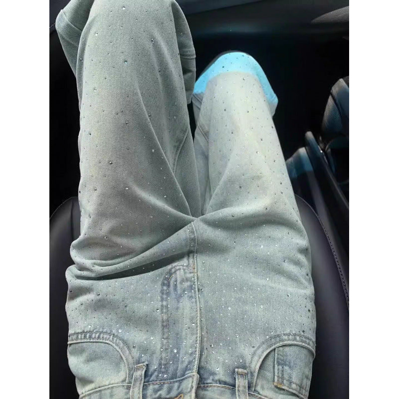 Straight Jeans For Women, Designer Rhinestones, High Waist, Loose And Slim, Drapey, Narrow Version Wide-leg Pants Limorista