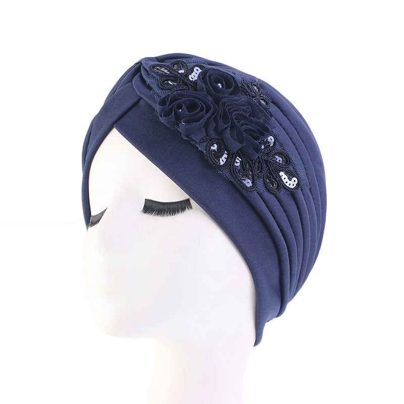 Ladies Sequin Flower Turban Toe Hat Fold Limorista