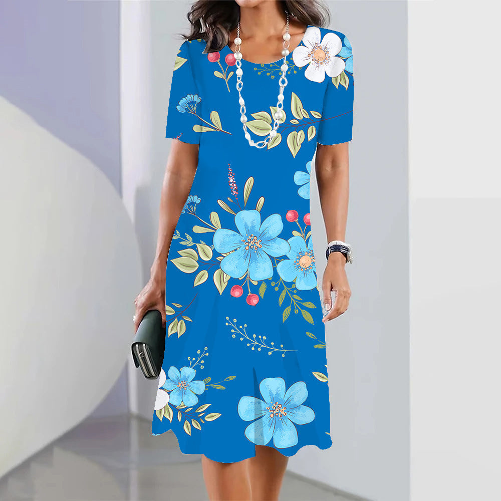 3d Floral Blue Printed Round Neck Fashion Party Dress Limorista