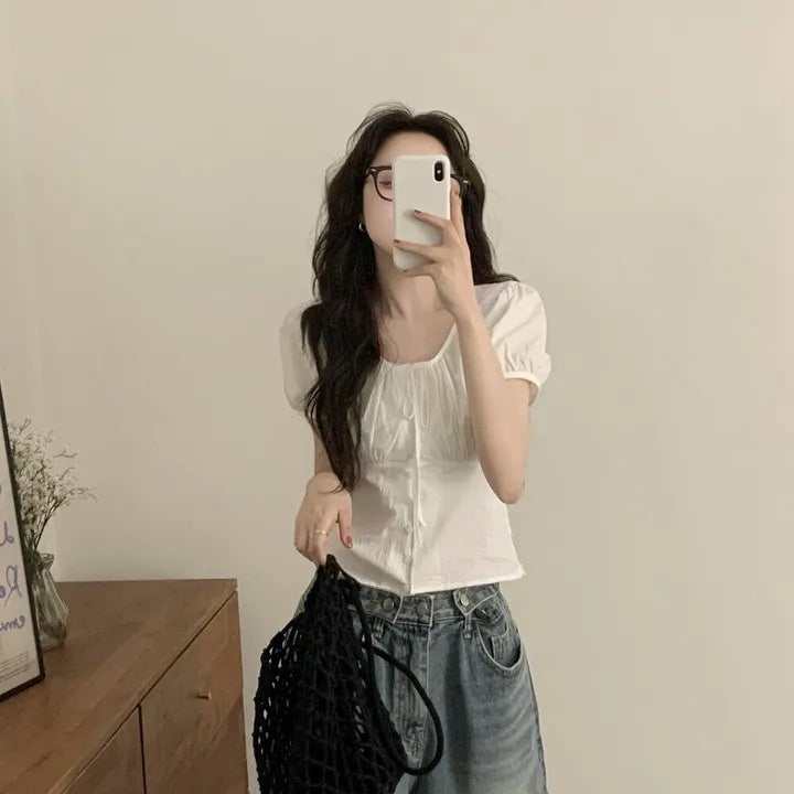 Single-breasted Lace Up Short Shirt French Small Top Limorista