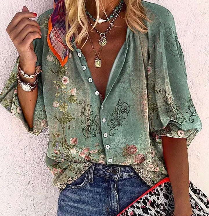 Limorista - Fashion V-neck 3d Floral Printed Long-sleeved Top