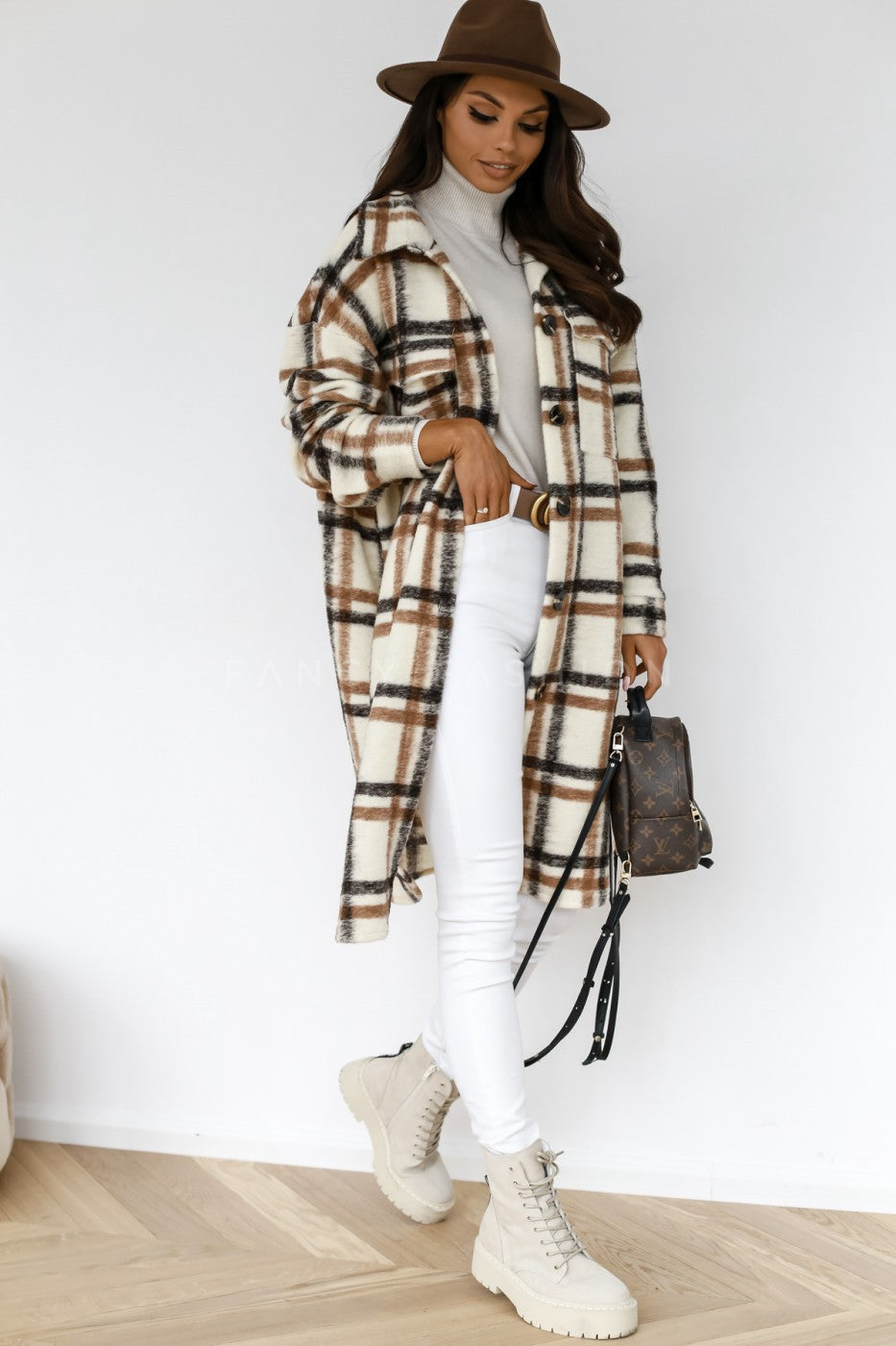 Button Lapel Casual Warm Plaid Long Woolen Coat Limorista