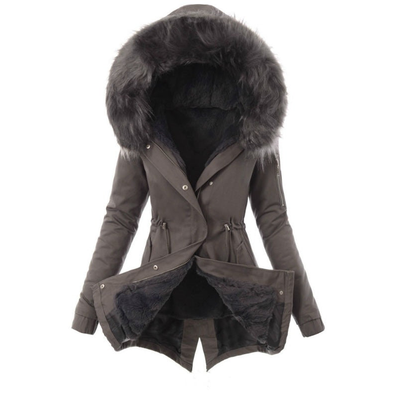 Fur collar drawstring solid color warm cotton coat Limorista