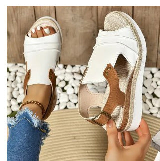 Fish Mouth Wedges Sandals With Straw Design Summer Peep Toe Buckle Beach Shoes For Women Limorista