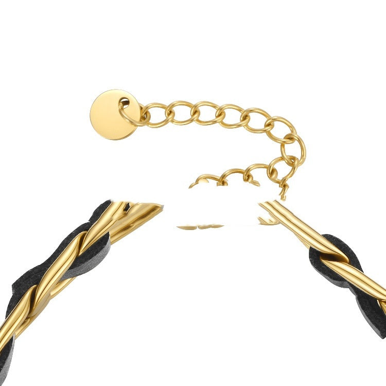 18K Gold Titanium Steel Plated European And American Fashion Metal Chain Leather Rope Limorista