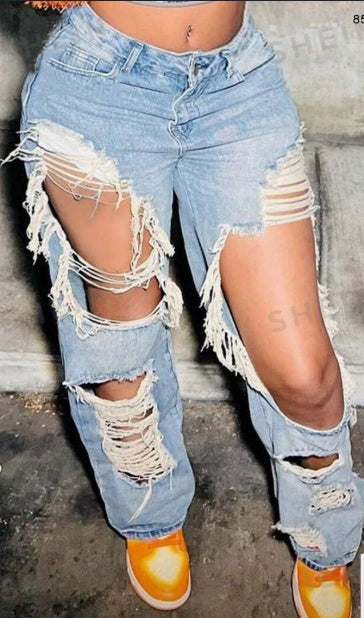 Street Vintage Slant Pocket Distressed Frayed Ripped Cut Out Straight Leg Jeans Casual Comfort Denim Pants Limorista