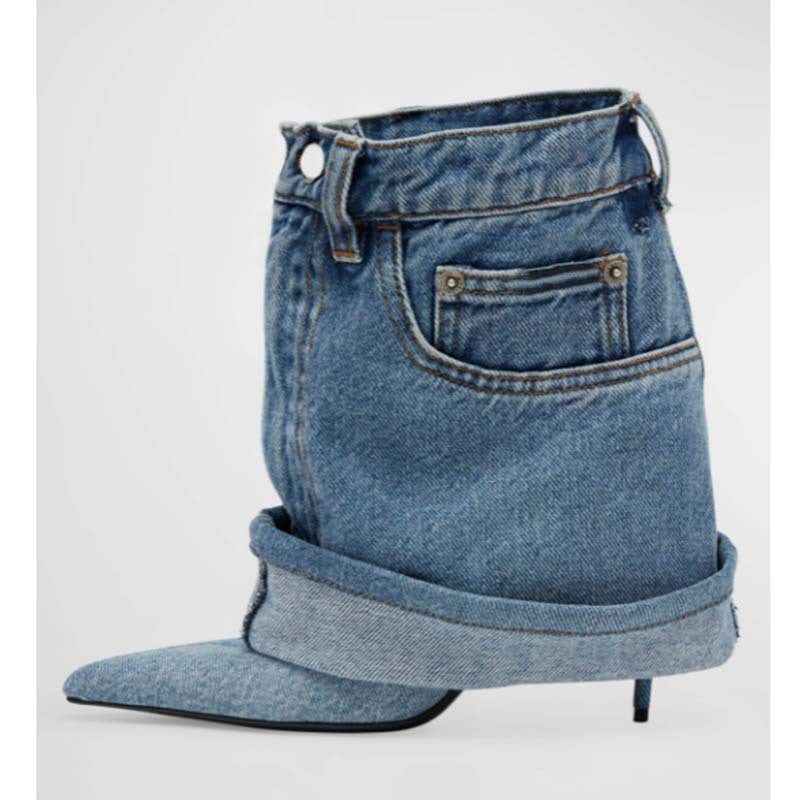 Pointed-toe Washed Denim Pantskirt Stiletto Heel Ankle Boots Limorista