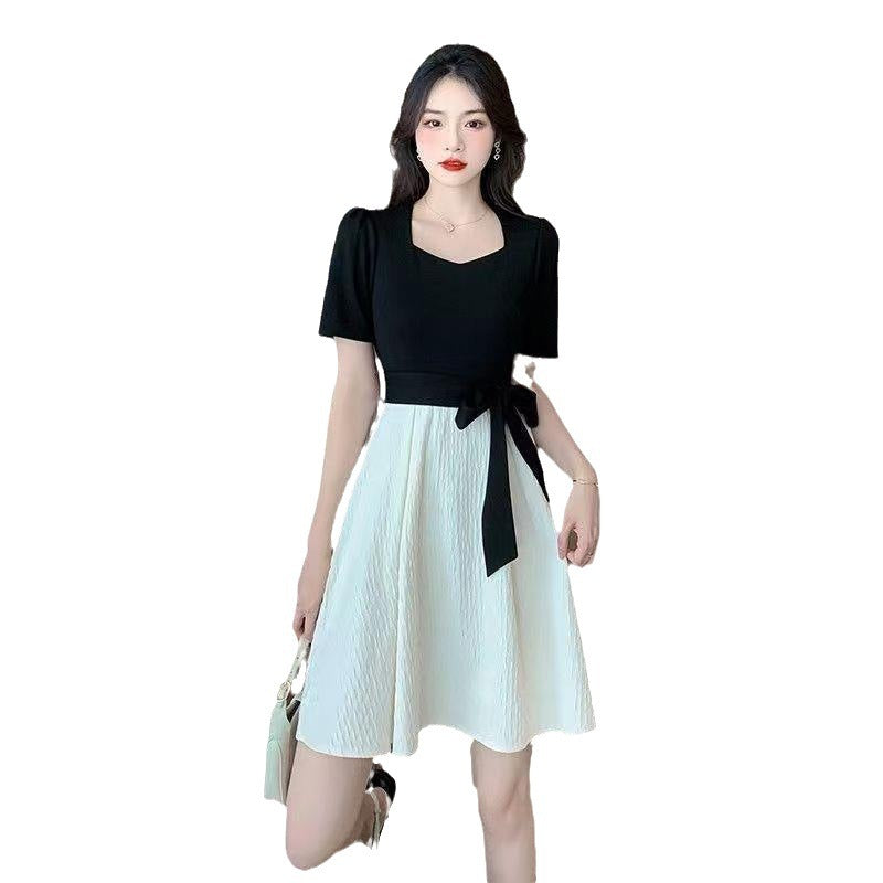 Square-neck Cinched Slimming Patchwork Niche Long Skirt Limorista